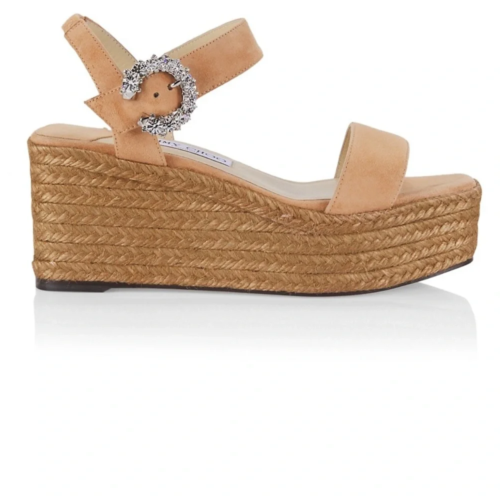 Jimmy Choo Beige Suede Espadrille Wedge Sandals with Crystal Buckle